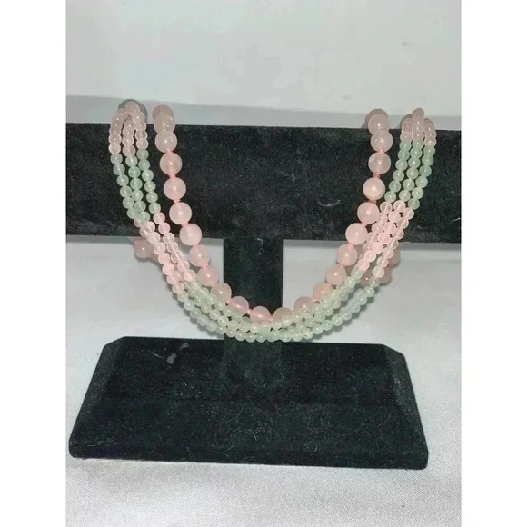 Vintage Rose Quartz Hand Knotted,Jadeite Green And Pink Necklace Vintage 32 inch - Picture 1 of 13